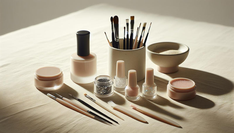 Saubere Nagelarbeitsfläche mit Pinzette, feinen Pinseln, Micro-, Chunky- und Hologramm-Glitzern auf beigem Leinen, geöffneter Base- & Top-Coat-Behälter, dezenter Pink-Akzent – glitzer auf gelnägeln