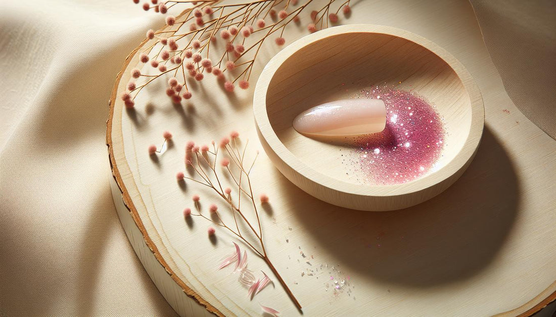 Glitzer auf Gelnägeln fixieren: Nahaufnahme eines einzelnen Gelnagels mit neon‑pink‑Glitzer unter glänzendem Topcoat auf hellem Holz, minimalistisch, ruhig.