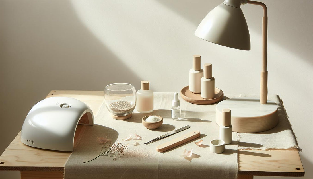 Minimalistische Nahaufnahme einer Nagelarbeitsstation mit geöffneter UV/LED-Lampe, kleinem Glas feinem Glitter, Base-Gel-Fläschchen und Pflegetuch — glitzer auf gelnägeln