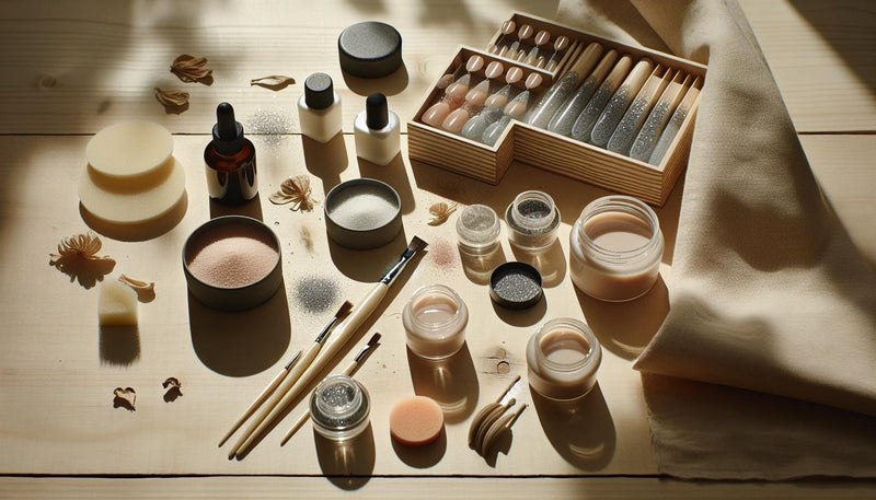 Nahaufnahme einer hellen Nagel‑Arbeitsfläche mit UV/LED‑Lampe, offenen Gel‑Tiegeln, feinem und grobem Glitzer, Pinseln, Schwämmchen und halb offenem Starter‑kit‑Behälter – glitzer auf nägeln anleitung