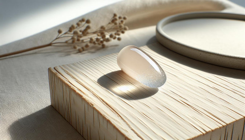 Nahaufnahme eines Übungsnagels mit klar glänzendem Gel und fein eingebettetem Glitzer unter Top-Coat auf heller Holz- und Leinenoberfläche, minimalistisches Setup – glitzer auf nägeln fixieren