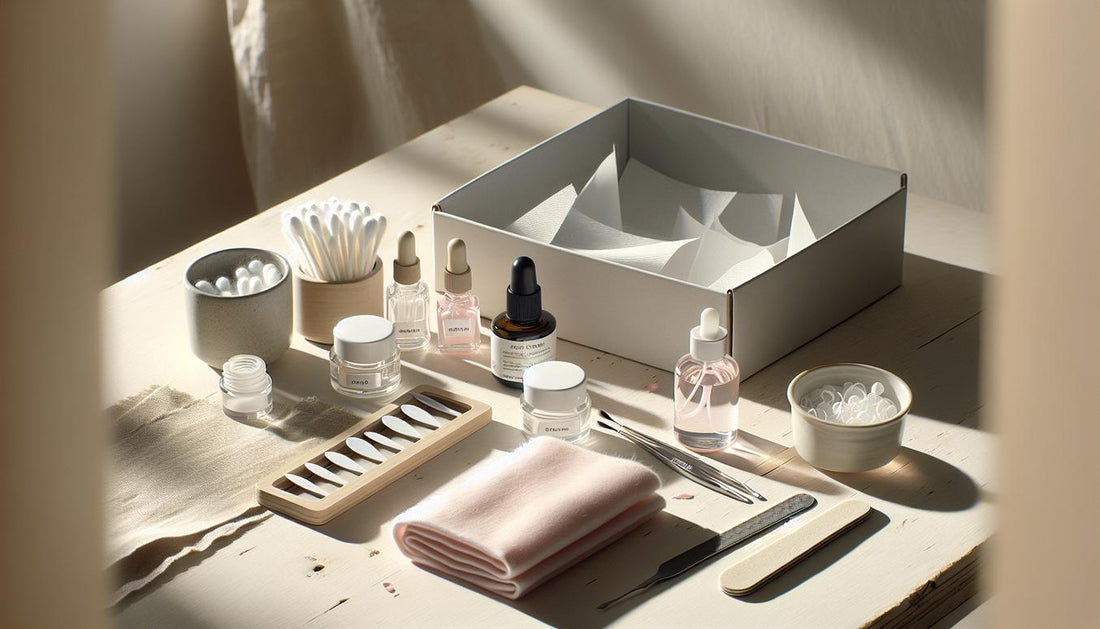 Minimalistische Heim‑Maniküre auf hellem Holz mit Feilen, Wattepads, Aceton, Alufolien, Nagelöl und neutralem Starter‑Kit – Szene zum Thema glitzer gelnägel entfernen