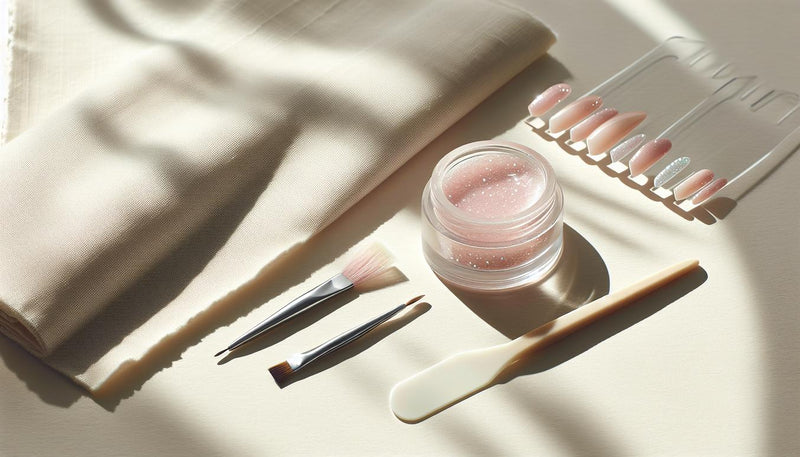 Nahaufnahme eines minimalistischen Arbeitsplatzes mit offenem Glitzergel im Glas, synthetischen Pinseln, Silikonspatel und Leinentuch auf hellem Holz