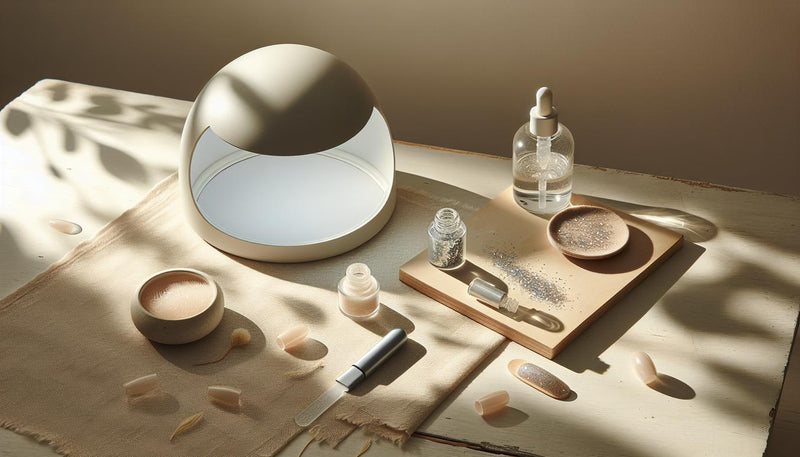 Minimalistisches Close‑up auf helle Arbeitsfläche mit LED/UV‑Lampe, offener Glitzerflasche, Kosmetikschwämmchen mit Partikeln und Press‑on‑Nagel mit glitzerlack auf gel