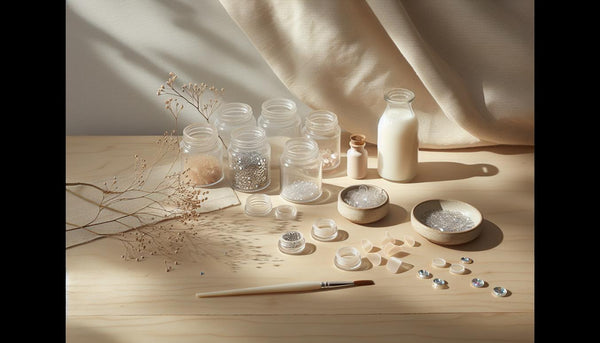 Geordneter Nail-Workspace mit Döschen voller Strasssteine, künstlichen Nageltips und offenem UV-Gel auf hellem Holz – Glitzerstein Kosten Nagelstudio