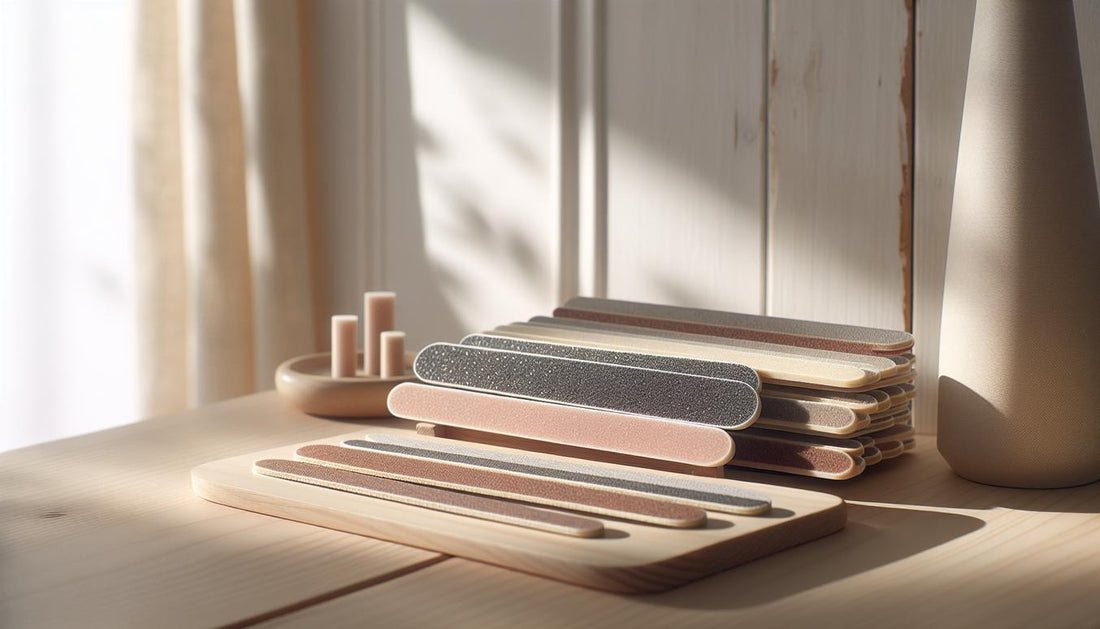 Nahaufnahme minimalistischer Nagelfeilen auf hellem Holz mit farbcodierten Enden und geprägten Körnungsmarkern im Starter-Set, gritzahl nagelfeile