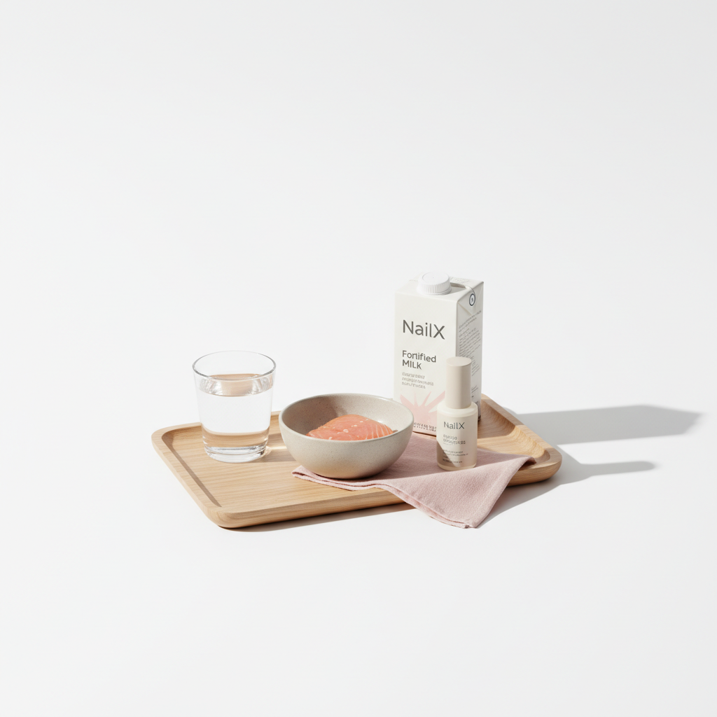 Helles, minimalistisches Foto eines Holztabletts mit Glas Wasser, geöffneter angereicherter Milchpackung, Schale mit Lachsfilet und neutralem Nagelhautöl‑Fläschchen — Haarausfall Vitamin D