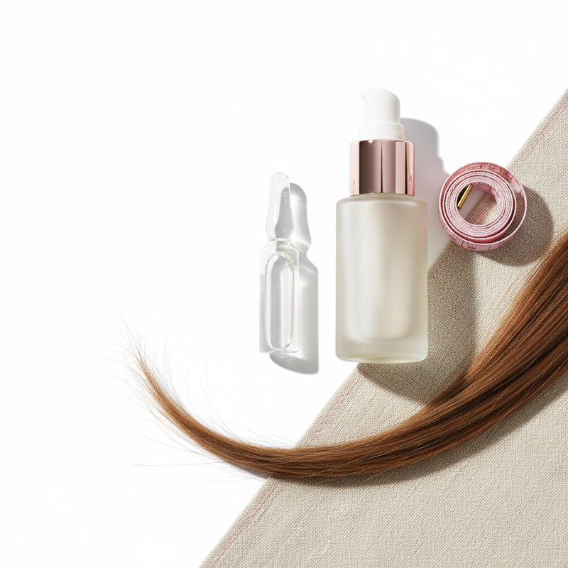 Nahaufnahme einer minimalistischen Still‑Life‑Szene mit Glasampulle, Pflegeöl‑Flasche, Maßband und Haarsträhne auf Leinenstoff vor weißem Hintergrund – Thema Haarbruch.