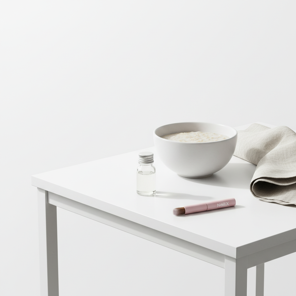 Schale mit Haferflocken‑Porridge, unlabeled Glasflasche Nagelöl und pastellfarbener NailX‑Pinsel auf hellem Tisch vor weißem Hintergrund – Haferflocken für Nägel.