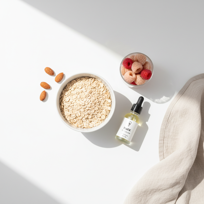 Minimalistische Stilllife-Aufnahme einer Schale Haferflocken mit Mandeln, Beeren und NailX Nagelhaut-Öl auf weißer Arbeitsplatte – Haferflocken für die Nägel