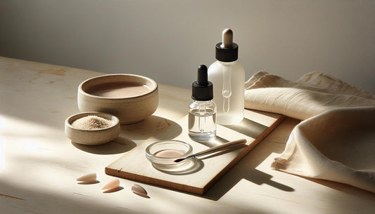 Makrofoto: unbeschichteter Nagel-Formprobe neben offenem Dehydrator- und Primer-Fläschchen auf hellem Holz, minimalistisch, NailX-Akzente – Haftprobleme Gelnägel