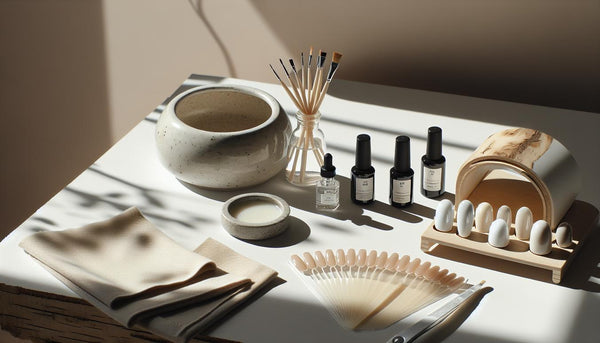 Aufgeräumte Nahaufnahme: Base Gel, Top Coat, Dehydrator, vorgeformte Tips, UV/LED-Lampe und unlackierte Starter-Kit‑Box auf hellem Holz – haftung gelnägel