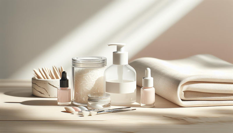 Minimalistische Maniküre-Station mit Dehydrator, säurefreiem Primer, Base-Gel, Farbtöpfchen und LED-Trockner auf hellem Holz – Fokus auf haltbarkeit gel-nagellack.