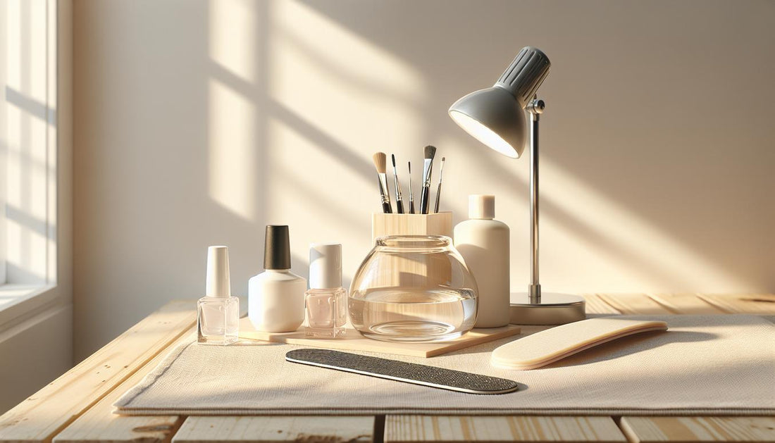 Aufgeräumter Nageltisch mit Base Gel, Top Coat, Dehydrator, feiner Feile, UV/LED-Lampe und offenem Handtuch in heller, minimalistischer Ästhetik zur Illustration der haltbarkeit gelnägel