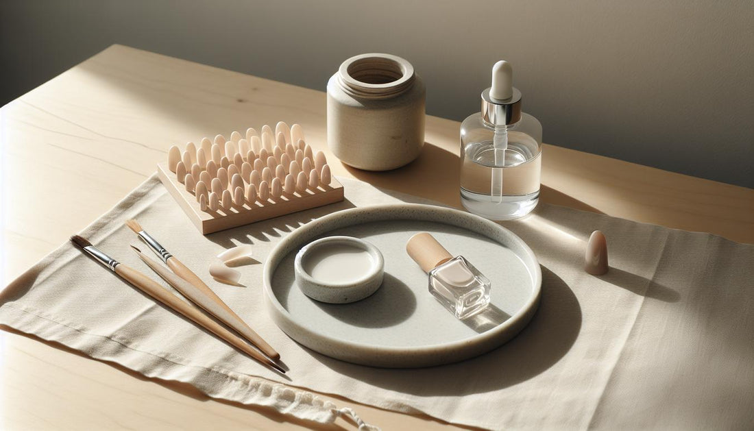 Nahaufnahme eines hellen, aufgeräumten Maniküretisches mit weißen Gelnägeln auf Holz, geordneten Werkzeugen, offenem Gel‑tiegel und feinem Glanz. Haltbarkeit weiße Gelnägel