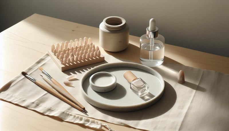 Nahaufnahme eines hellen, aufgeräumten Maniküretisches mit weißen Gelnägeln auf Holz, geordneten Werkzeugen, offenem Gel‑tiegel und feinem Glanz. Haltbarkeit weiße Gelnägel