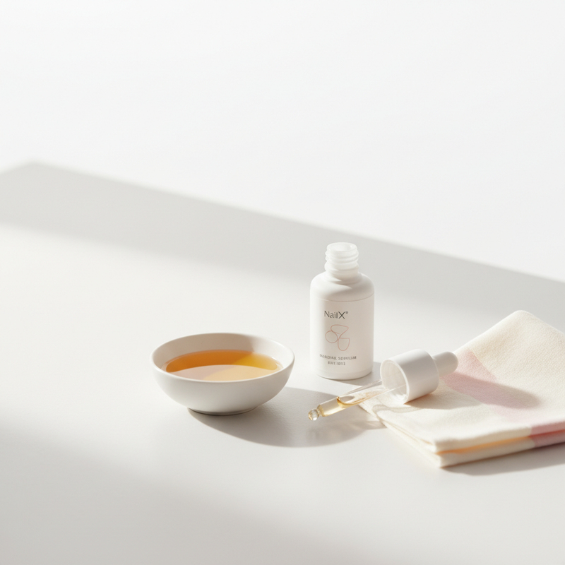 Nahaufnahme eines minimalistischen Waschplatzes mit offenem Nagelpflege-Serum, Schale mit warmem Öl und Baumwolltuch in Weiß und soft pink – Pflege für harte Nägel