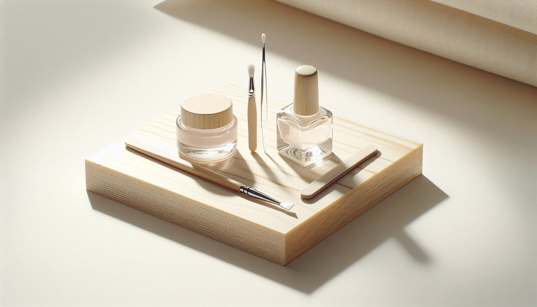 Nahaufnahme einer aufgeräumten Nail-Workstation mit zwei offenen Gel-Tiegeln (Soft- und Hard-Gel), Pinsel, Buffer auf hellem Holz, dezente pinke Akzente, hartgel nägel
