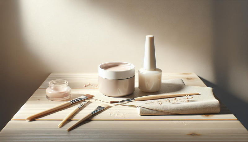 Minimalistischer Nagelarbeitsplatz mit zwei offenen Gel-Tiegeln (hartgel vs hybridgel), LED-Lampe, Pinsel und Nageltipps auf hellem Holz bei natürlichem Tageslicht.