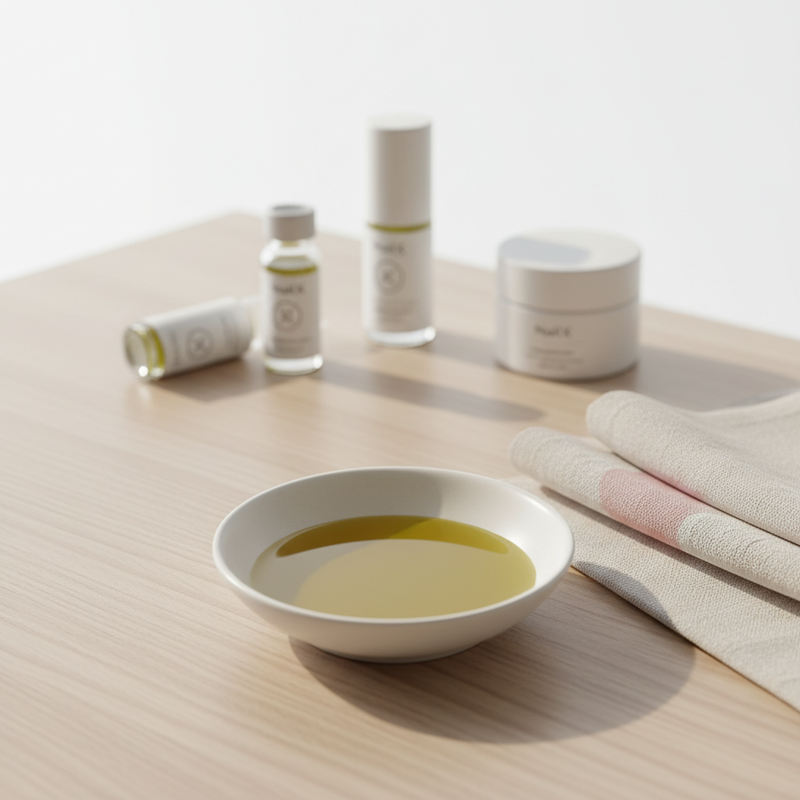 Nahaufnahme: Schälchen mit handwarmem Olivenöl, Leinentuch und dezente NailX‑Produkte auf hellem Holztisch – Hausmittel Fingernägel, minimalistischer, wissenschaftlich‑meets‑lifestyle Look.
