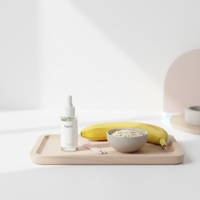 Minimalistische Nahaufnahme: Holztablett mit NailX-Nagelöl, pastellfarbener Nagelfeile, Banane und Keramikschale mit Haferflocken im hellen Badezimmerlicht — Helfen Bananen den Fingernägeln