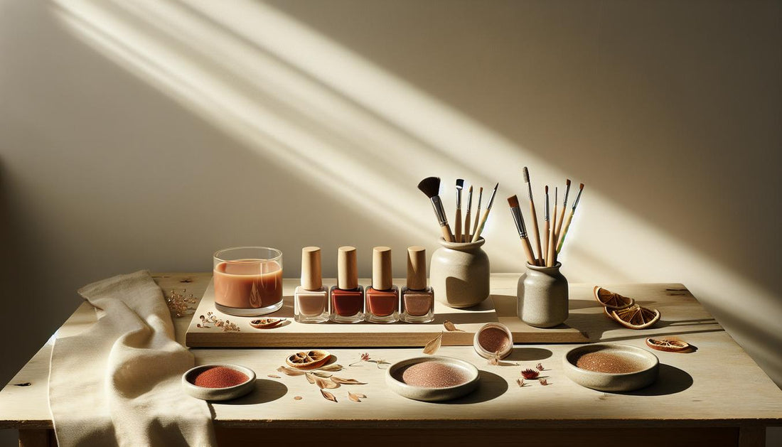 Flatlay mit herbstlichen Gel-Lacken (Terracotta, Karamell, Bordeaux), Velvet-Puder, feinen Gel-Liner-Pinseln, Bronze‑Roségold-Flocken und Glas Tee auf hellem Holz – herbst nageltrends 2025