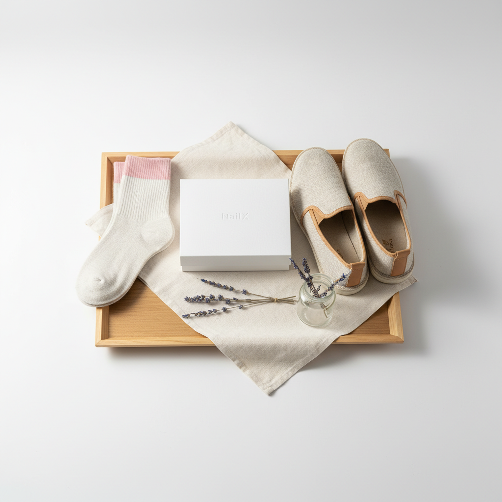 Minimalistische Produktaufnahme: NailX Maniküre‑Set, pastellfarbene Socken (#f57fb6), atmungsaktive Schuhe und Lavendel auf Holztablett - Kann Stress Fußpilz auslösen?