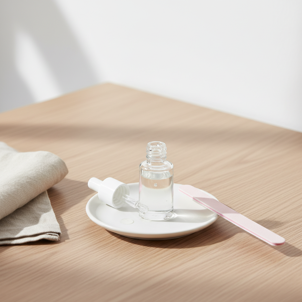 Nahaufnahme eines weißen Tellers mit geöffneter Glasflasche transparentem Nagelöl, Pastellrosa Nagelfeile und Leinenserviette – kaputte Nägel wieder aufbauen