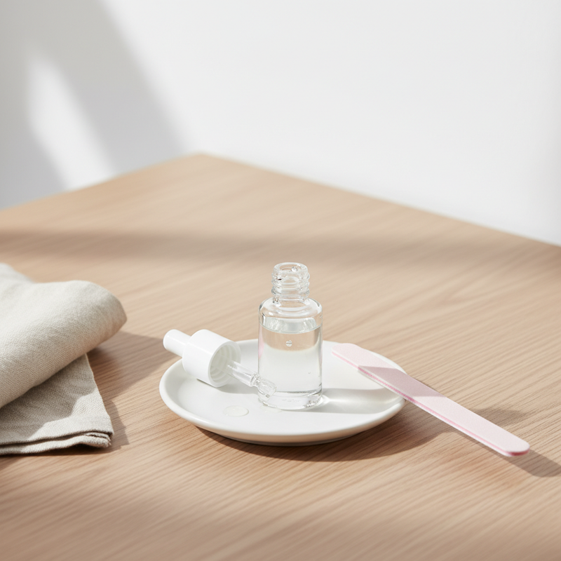 Nahaufnahme eines weißen Tellers mit geöffneter Glasflasche transparentem Nagelöl, Pastellrosa Nagelfeile und Leinenserviette – kaputte Nägel wieder aufbauen