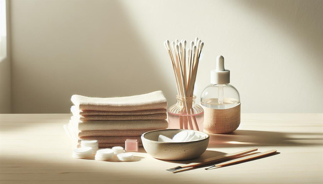 Nahaufnahme einer minimalistischen Home‑Station zum KISS Nagelkleber lösen: Wattepads, Alufolie, Push‑Sticks, Nagelöl und kleine Glasflasche Aceton auf hellem Handtuch.