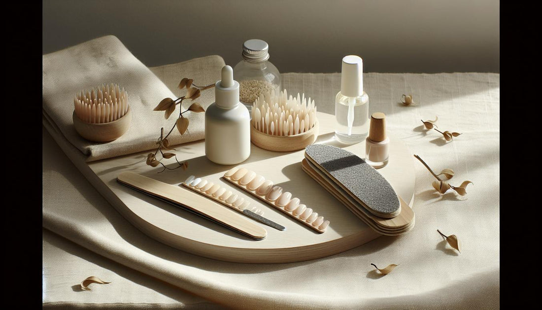 Nahaufnahme einer minimalistischen Nagel‑Arbeitsfläche mit Klebenägeln, Glue‑Gel‑Fläschchen, UV/LED‑Licht und Nagelöl auf hellem Holz, dezente Blütenblätter.