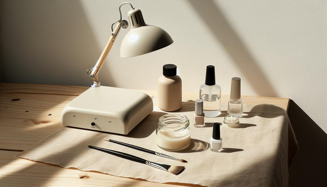Minimalistische Nahaufnahme einer sauberen Nagelarbeitsstation auf hellem Holz mit UV-Lampe, milchglas-Tiegel, Pinsel und Fläschchen ohne Aufdruck — Klebenägel duschen