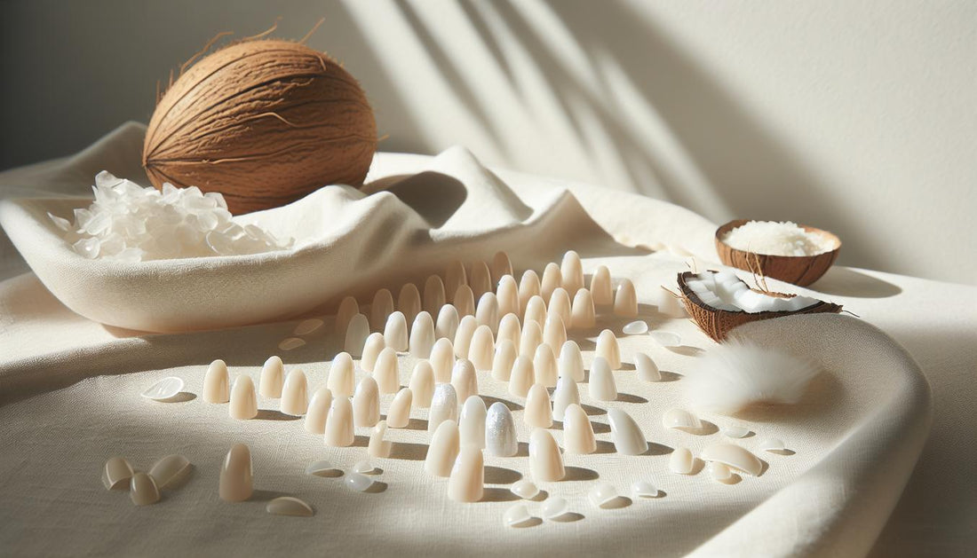 Nahaufnahme künstlicher Kokosmilchnägel auf sandfarbenem Leinen mit kleinem Muschelstück, feinem Schimmer und Tropfen Nagelöl, minimalistisch und hell.