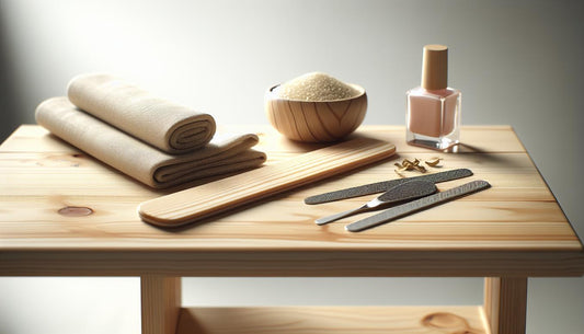 Nahaufnahme zweier Nagelfeilen (grobe und feine Körnung), Buffer und kleines Base‑Gel auf hellem Birkenholz, minimalistisches Tageslicht-Setting, Körnung Nagelfeilen