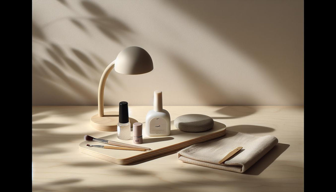Minimalistische Nahaufnahme eines aufgeräumten Nagelarbeitsplatzes mit UV/LED‑Lampe, geöffneten Gelly‑Gel‑Fläschchen, Feilen, Nagelöl und Handtuch — kostenvergleich shellac acryl