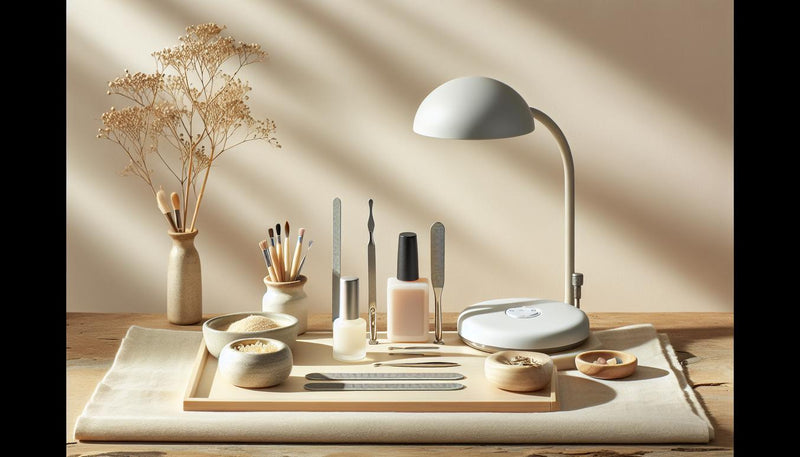 Minimalistisches Stilllife mit geordneten Nagelwerkzeugen, LED-UV-Lampe, Base- und Top-Gel-Flaschen und neutraler Box auf hellem Holztisch – künstliche fingernägel im Fokus