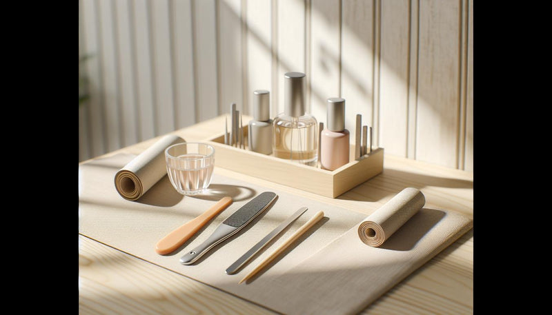 Nahaufnahme einer ordentlichen Maniküre-Arbeitsfläche mit Feile, Orangestick, Nagelöl, Aluminiumfolien und geöffnetem Gel-Starterkit – künstliche nägel