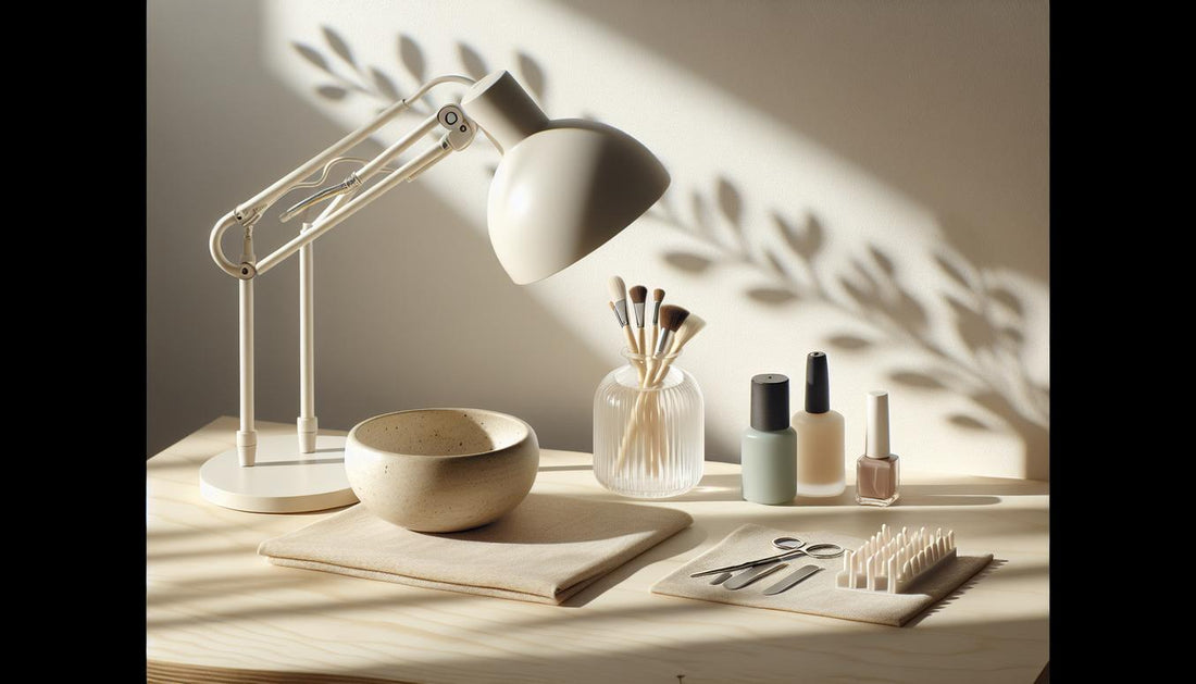 Nahaufnahme aufgeräumter Maniküretisch mit UV/LED‑Lampe, vorgebufften Soft‑Gel‑Tips, Dehydrator, Primer, Base & Top Coat auf hellem Holz in heller, minimalistischer Ästhetik – künstliche nägel