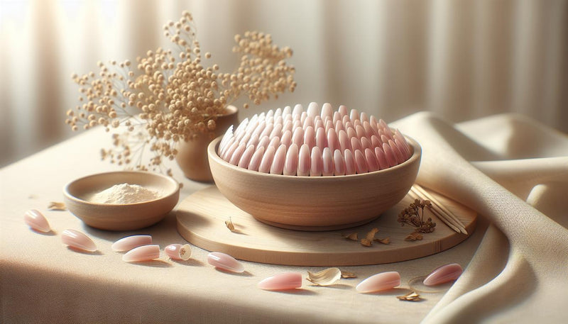 Kurz squoval künstliche Nägel natürlich in sheer Rosa-Nude auf heller Birkenholz- und Leinenoberfläche, Keramikschale, offener Glastiegel, feines Nagelhaut-Blend und zarte Blütenblätter