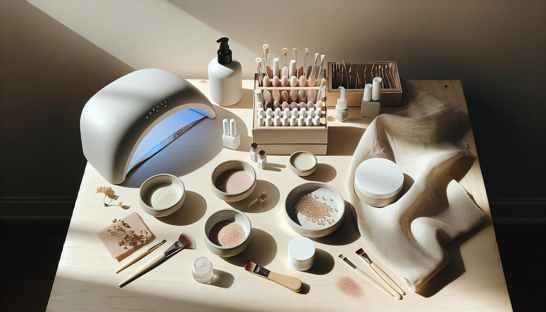 Nahaufnahme eines aufgeräumten Starter‑Kits für künstliche Nägel auf hellem Birkenholz mit LED‑UV‑Lampe, offenen Gel‑Tiegeln, Schälchen mit Dip‑Pulvern und dezentem rosa Akzent.