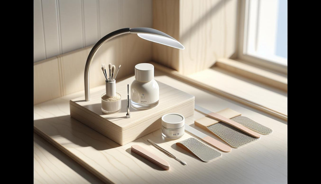 Ordentliche Maniküre-Station auf hellem Holz mit geöffnetem Starter-Kit, UV-Lampe, Feilen und Fläschchen Cuticle Oil – Fokus auf künstliche nägel, minimal und hell.