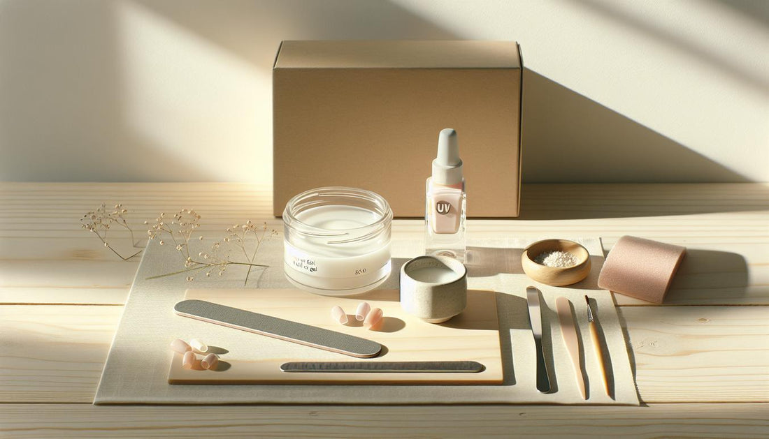 Helle, minimalistische Nahaufnahme einer Nagelarbeitsfläche mit Feile, Nagelhautöl, Keramikschale mit Aceton und geöffnetem Starterkit für künstliche Nägel, dezente pinke Akzente.