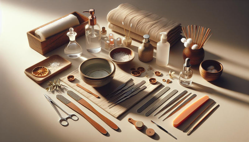 Makroaufnahme eines aufgeräumten Maniküre-Arbeitsplatzes zum kunstnägel entfernen: Fläschchen mit Aceton, Feilen (180/240), Schüssel mit warmem Wasser, Baumwollpads, Folie