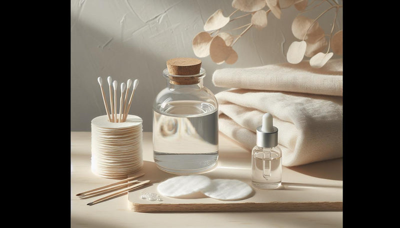 Aufgeräumter Maniküre-Arbeitsplatz mit Glasdose Aceton, Aluminiumfolie, Wattepads, Holzstäbchen und weichem Handtuch auf hellem Holz – kunstnägel entfernen
