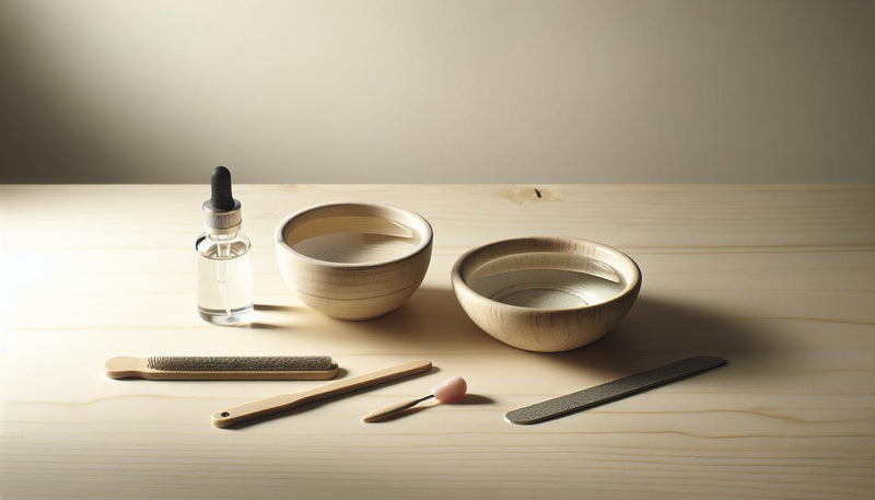 Nahaufnahme eines minimalistischen Arbeitsplatzes mit Schüssel warmem Wasser, Nagelöl, Feile, Holzspatel und kleinem Aceton-Fläschchen auf hellem Birkenholz – kunstnägel entfernen.