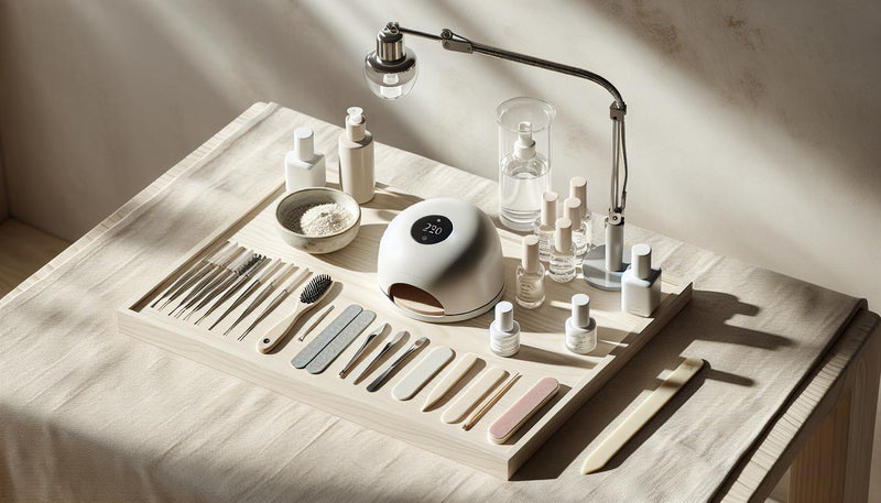 Nahaufnahme aufgeräumter Nail-Station mit UV/LED-Lampe, geöffnetem UV-Gel, Dehydrator, säurefreiem Primer, vorgeformten Tips, Feile und Buffer – Szene zum Kunstnägel kleben auf hellem Holz, dezente Pink- und Schwarz-Akzente.