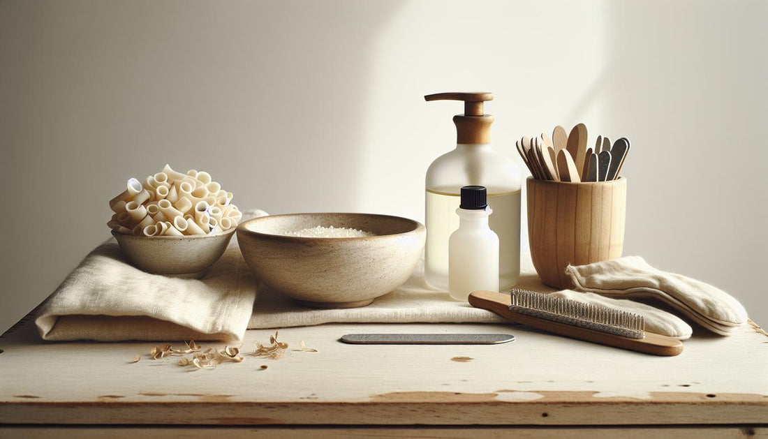 Nahaufnahme eines aufgeräumten Maniküre-Workflows mit Nagelöl, Feile, weichen Handschuhen und Soft-Gel-Tips auf hellem Holz – Kunstnägel tragen.