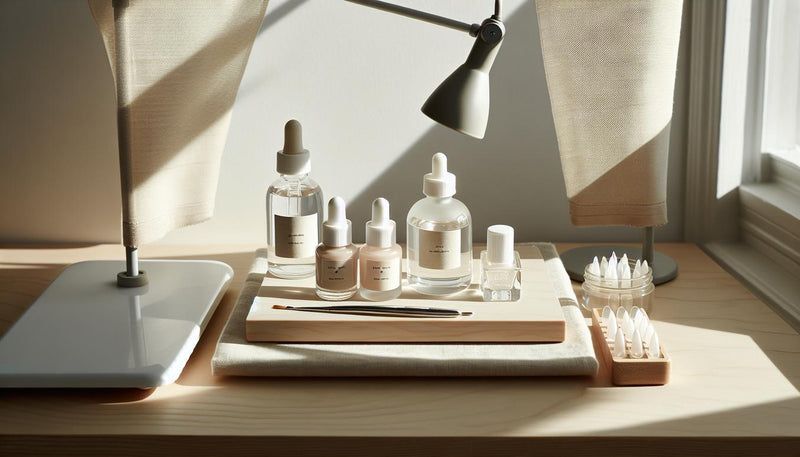 Nahaufnahme einer aufgeräumten Maniküre‑Arbeitsfläche mit Dehydrator, säurefreiem Primer, Base‑ und Topcoat, Soft‑Tips und UV/LED‑Lampe bei Tageslicht – Kunstnägel tragen