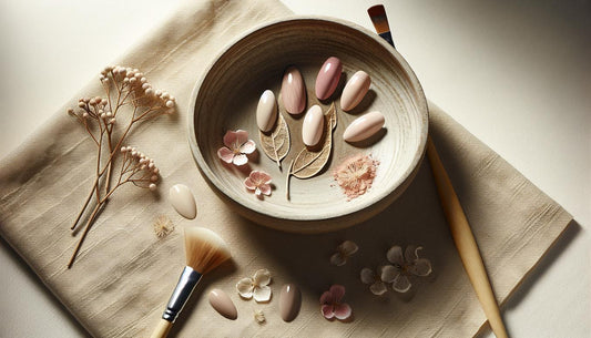 Nahaufnahme kurzer Fingernägel als mandelförmige Nageltips in dezenter Nude-Farbe auf heller Keramikschale, minimalistisch vor cremefarbenem Hintergrund.