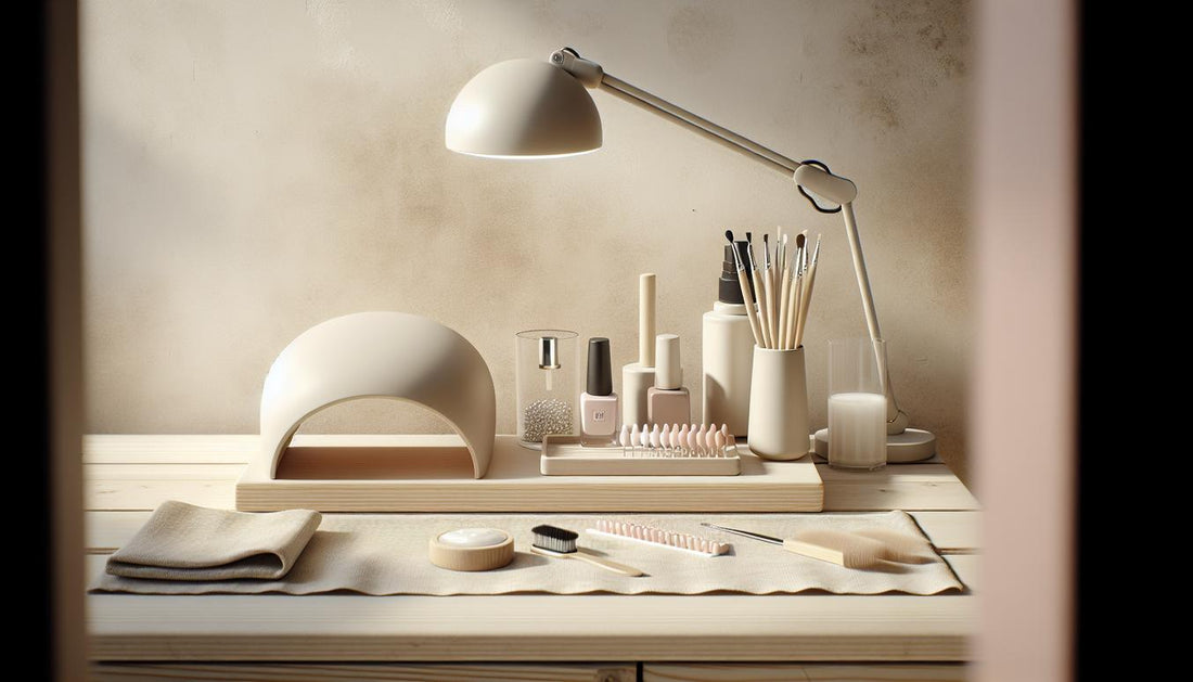 Minimalistischer Maniküre‑Arbeitsplatz auf hellem Holz mit UV/LED‑Lampe, Gell‑Set, Tablett mit kurzen Gelnägel‑Tips (pink Akzent) und Glas Nagelöl.